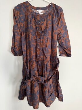 Time and Tru Rust and Charcoal Floral Button-Front Tiered Dress